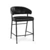 Sleek black bar stool with modern design, ribbed upholstery, and ergonomic comfort for any space.