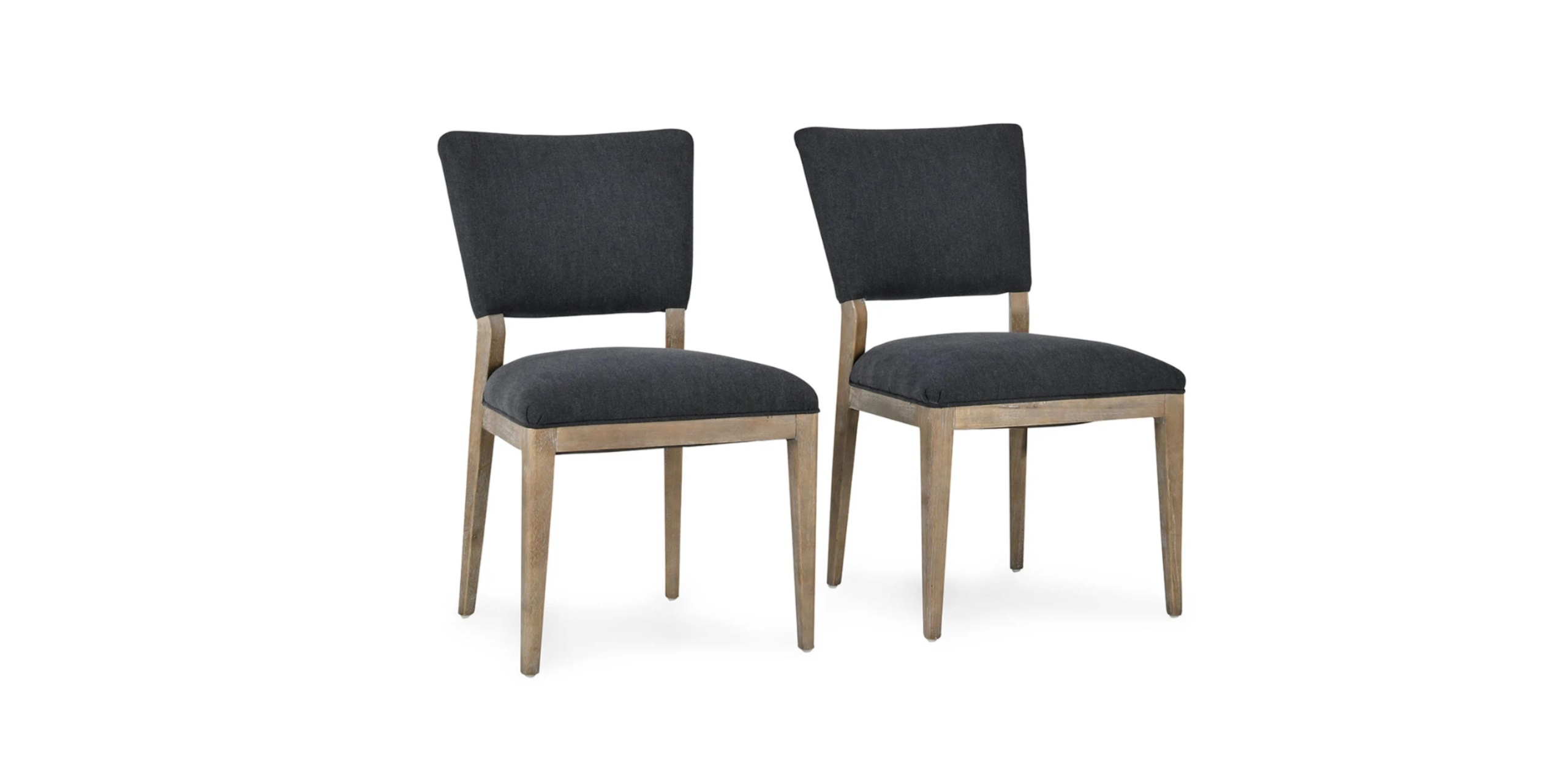 Stylish modern dining chairs in dark gray fabric with light wood frames for elegant comfort.
