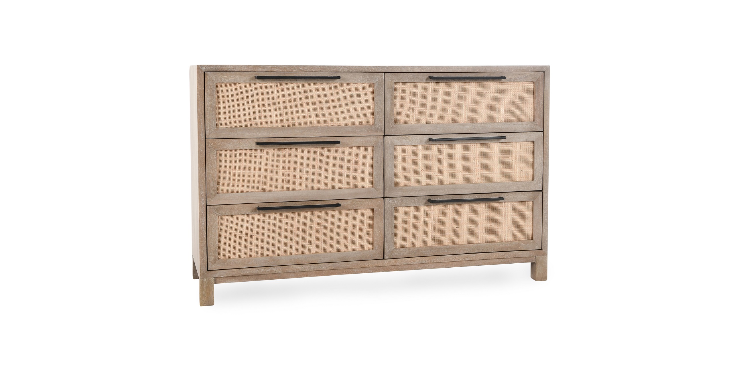 Contemporary dresser with wood and woven rattan, featuring six drawers and sleek black handles.