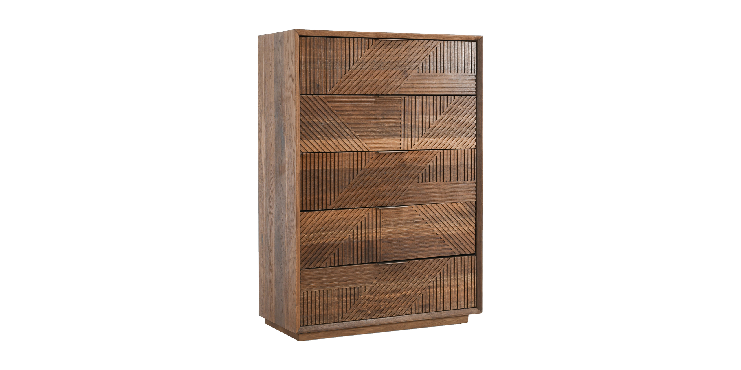 Stylish modern rustic wooden chest of drawers with geometric patterns and spacious storage options.