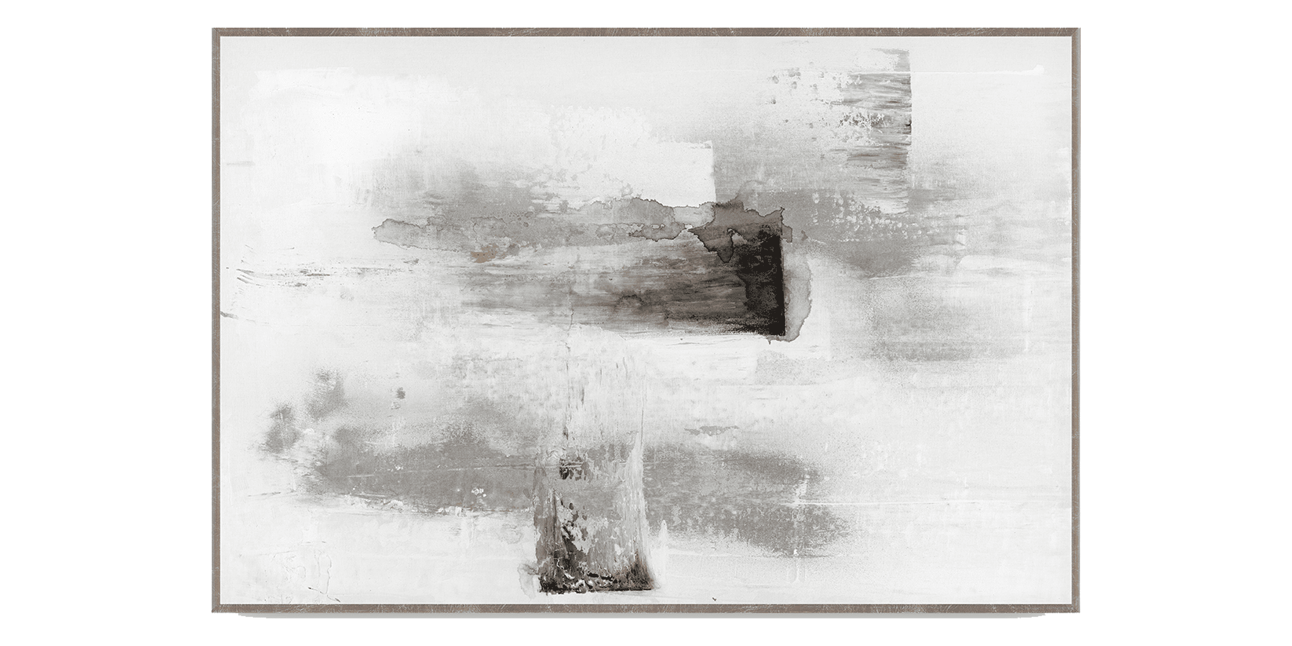 Abstract painting blending white and gray hues with a striking dark focal point.