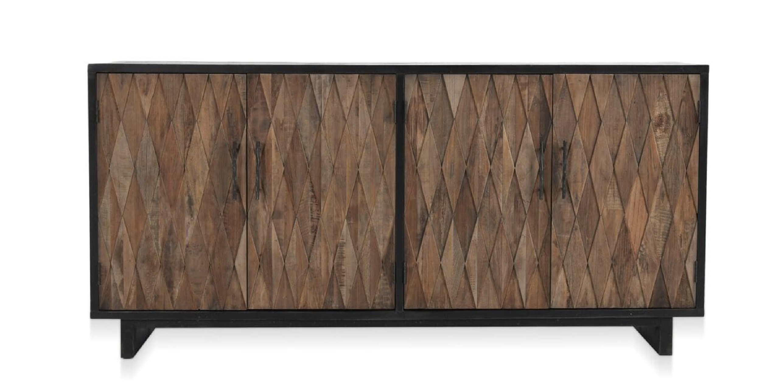 Rustic modern wooden cabinet with diamond pattern, offering stylish storage and versatility for any décor.