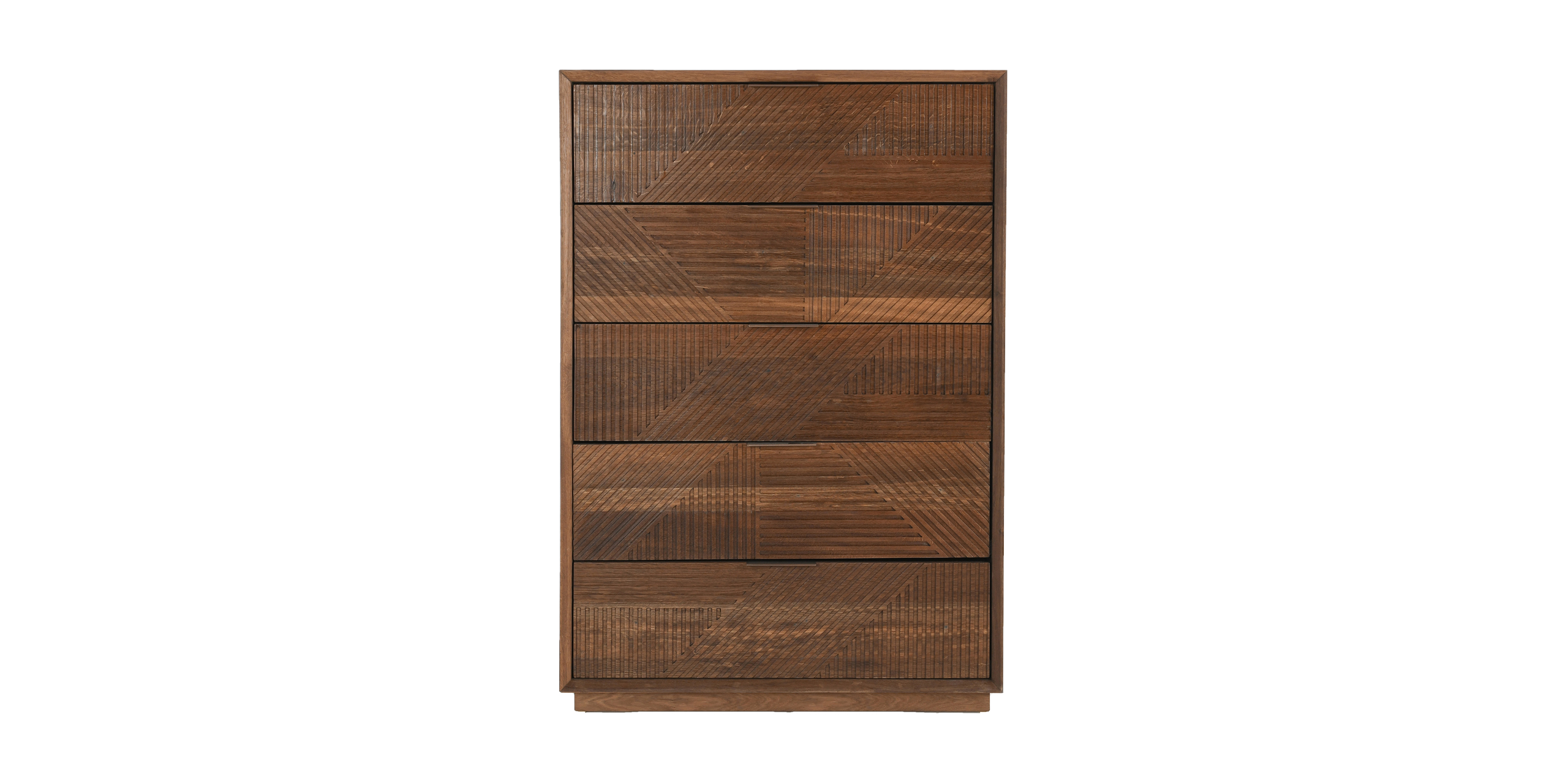 Elegant wooden dresser with five geometric drawers, perfect for stylish organization in any space.