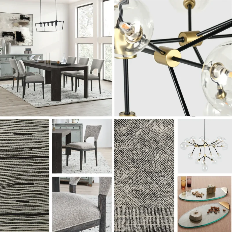 Stylish modern dining area with dark wood table, elegant gray chairs, and natural light.