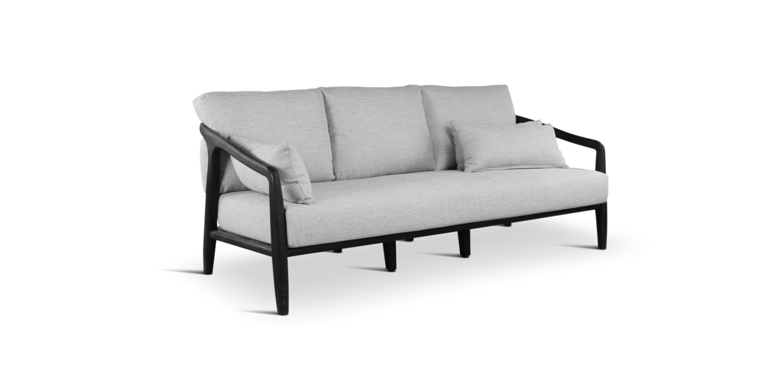 Sleek modern sofa with dark wood frame and plush light gray upholstery for elegant living spaces.