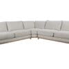 Modern light gray L-shaped sectional sofa with plush cushions and integrated side table.
