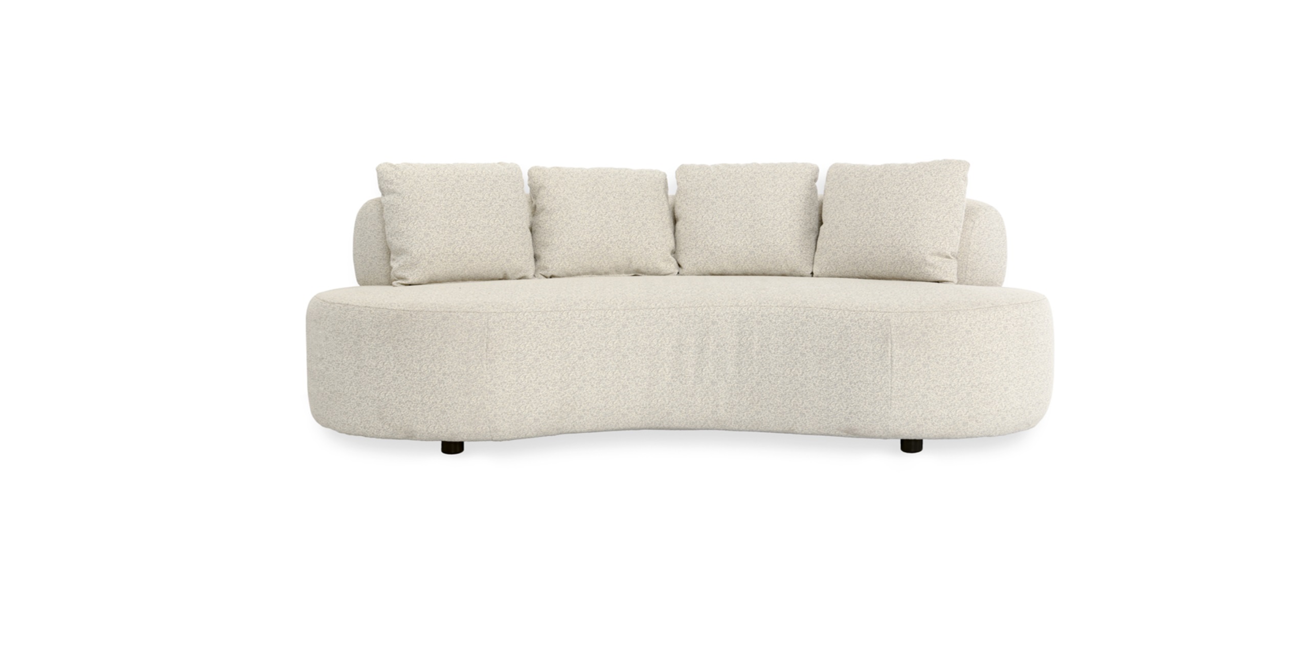 Elegant curved sofa in beige with black legs, perfect for stylish and cozy living spaces.