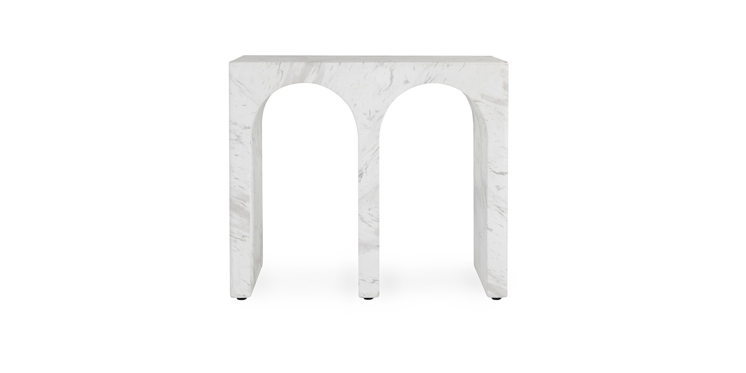 Stylish white marble console table with minimalist design and airy arching supports.