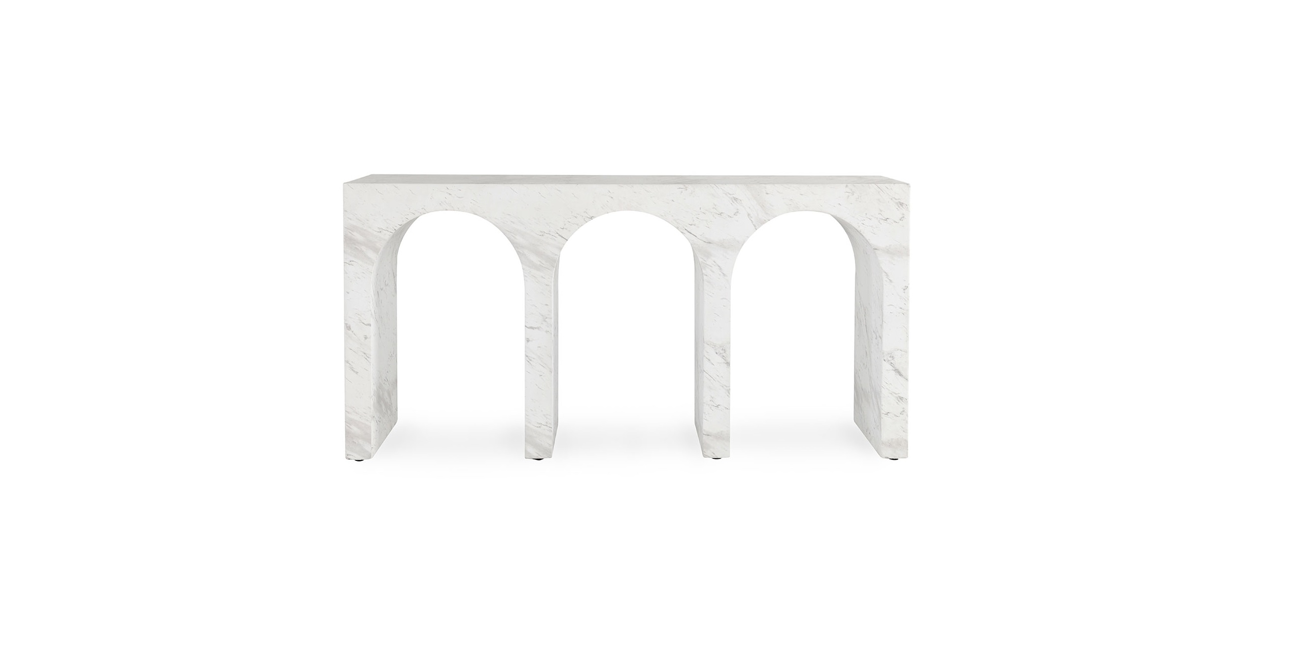 Sleek white console table with architectural arches, perfect for modern and minimalist interiors.