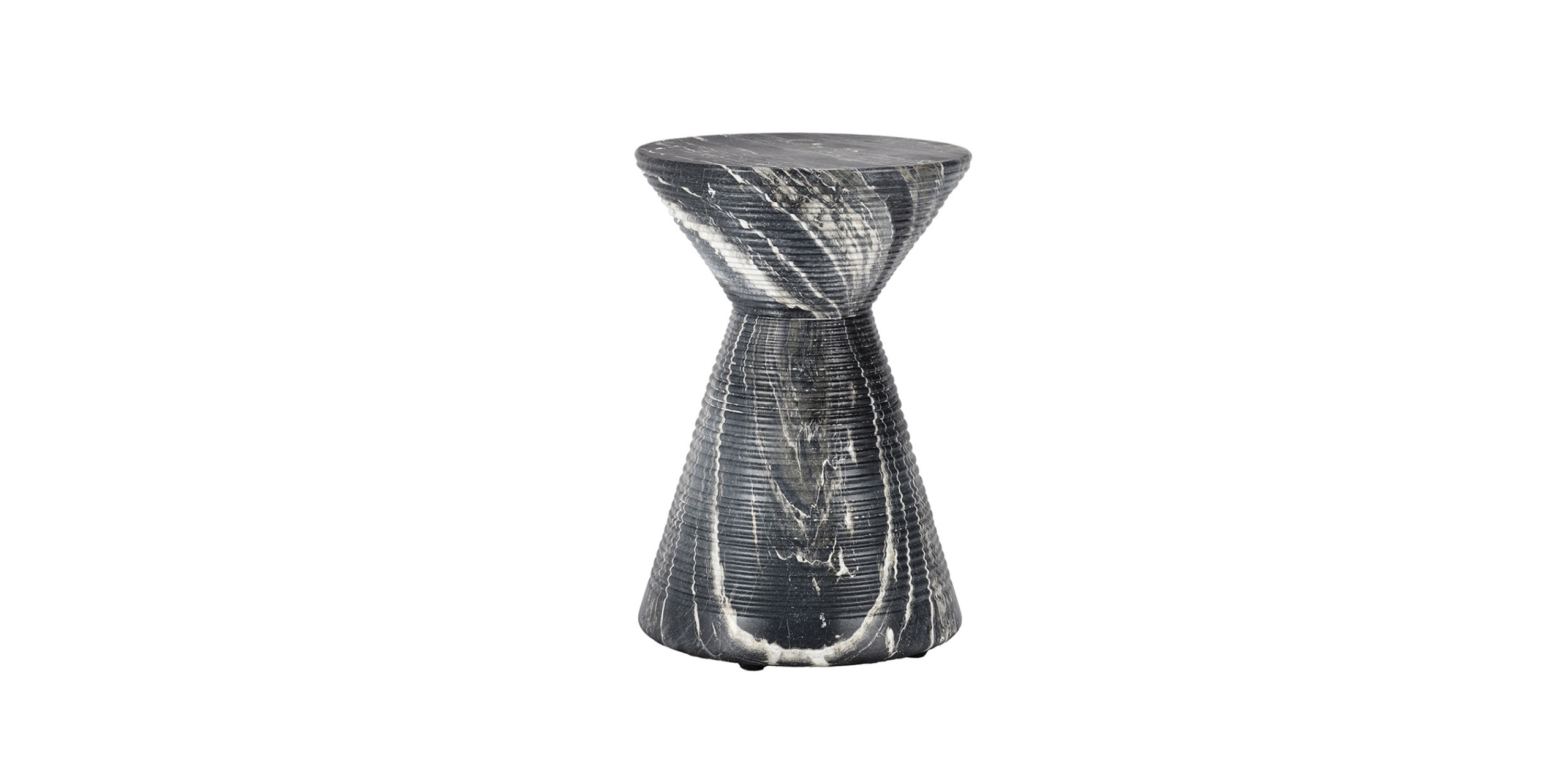 Stylish modern hourglass side table with stone-like finish for contemporary interiors.