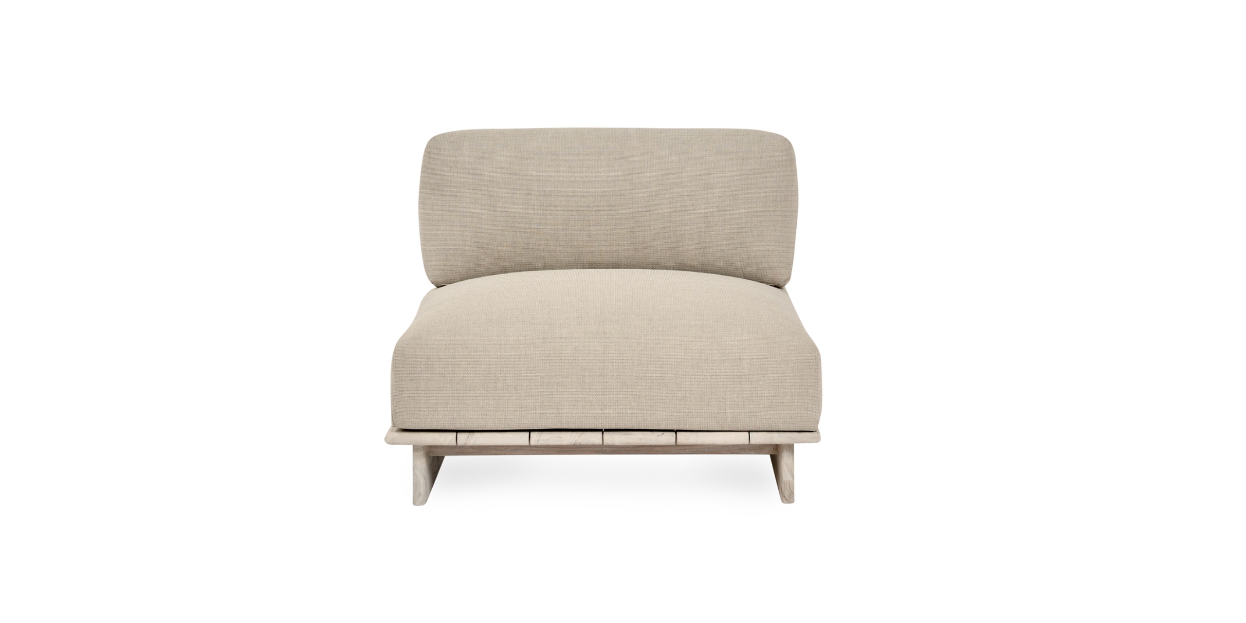 Soft beige lounge chair with minimalist design, wide backrest, and sturdy wooden legs.