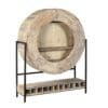 Rustic modern circular furniture piece with wooden wheel design, open center, and practical lower shelf.