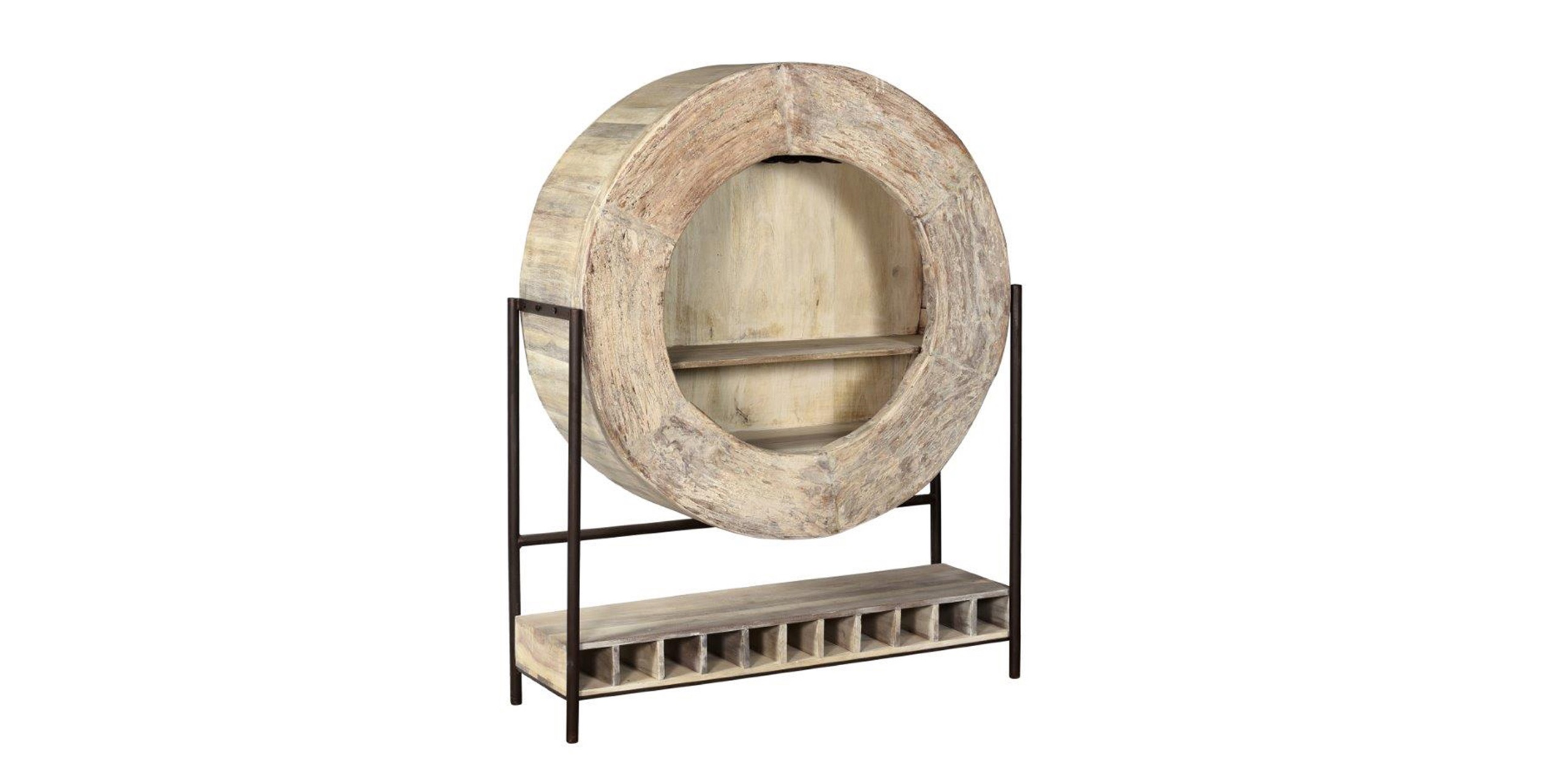 Rustic modern circular furniture piece with wooden wheel design, open center, and practical lower shelf.