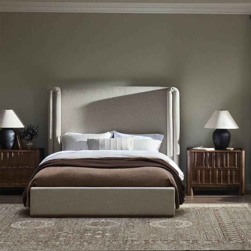Modern cozy bedroom with plush bed, elegant nightstands, and stylish decor for ultimate comfort.