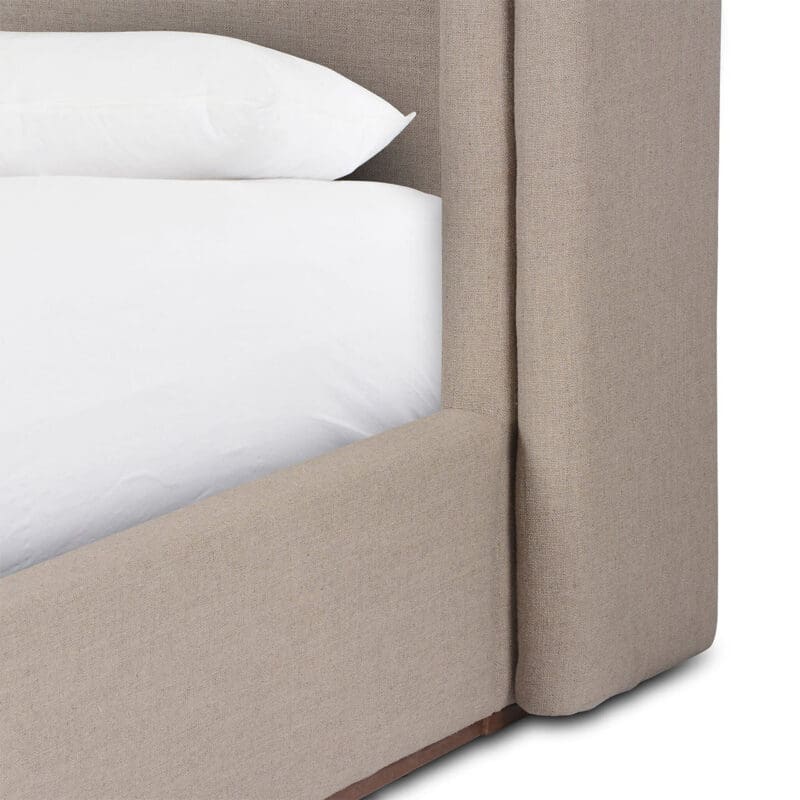 Modern beige upholstered bed frame with tall headboard and elegant design for stylish bedrooms.