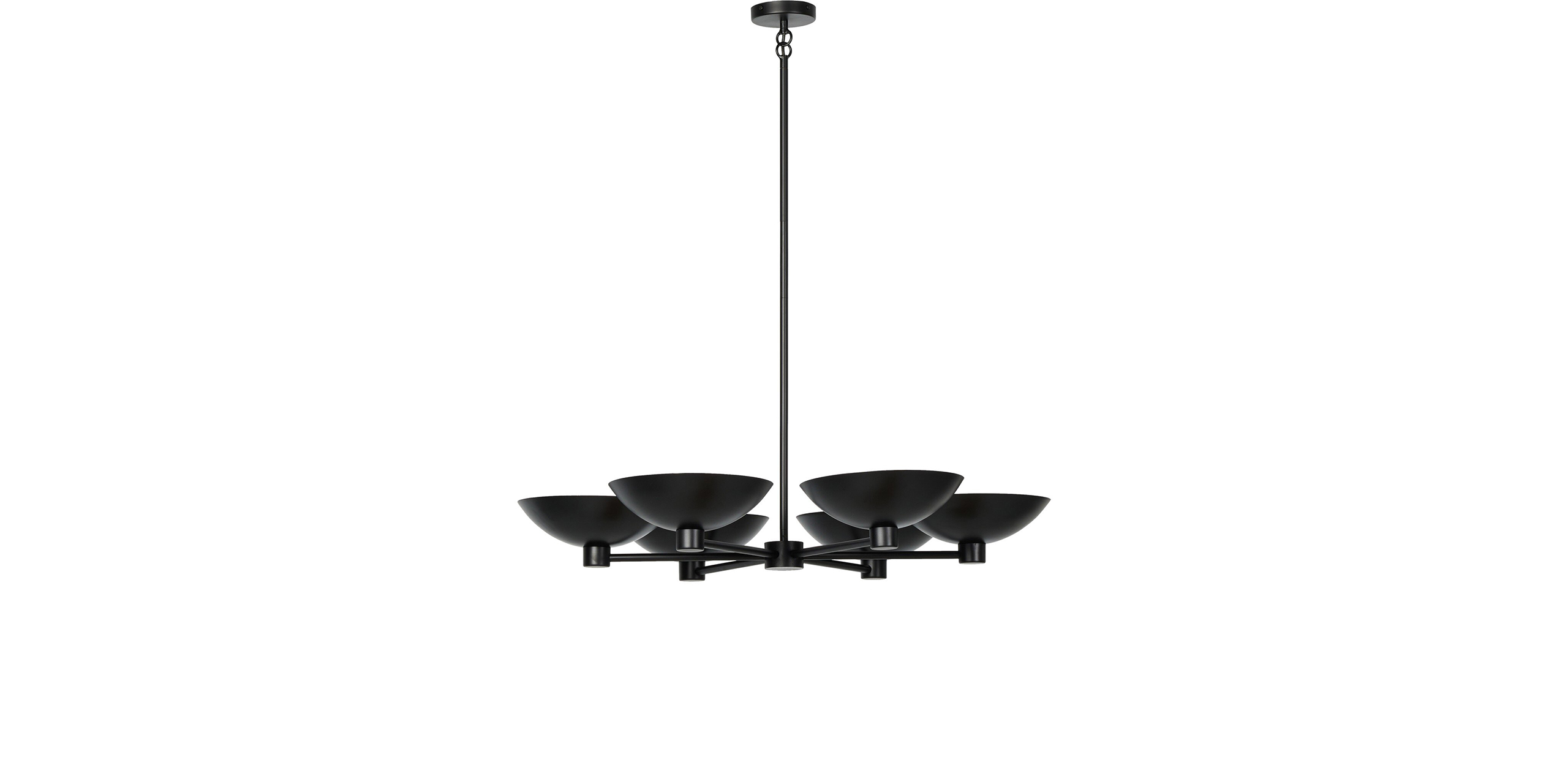 Stylish black minimalist chandelier with adjustable chain for modern interiors and warm lighting.