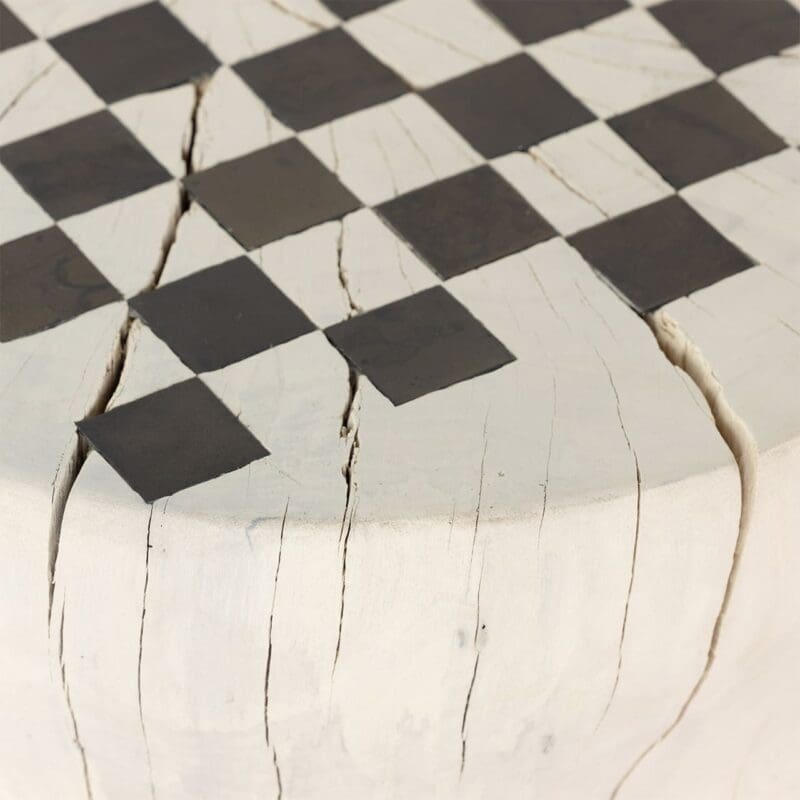 Rustic circular checkerboard tabletop, perfect for game nights with family and friends.