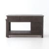 Elegant modern rustic console table with dark wood finish and brass accents, offering storage and display.