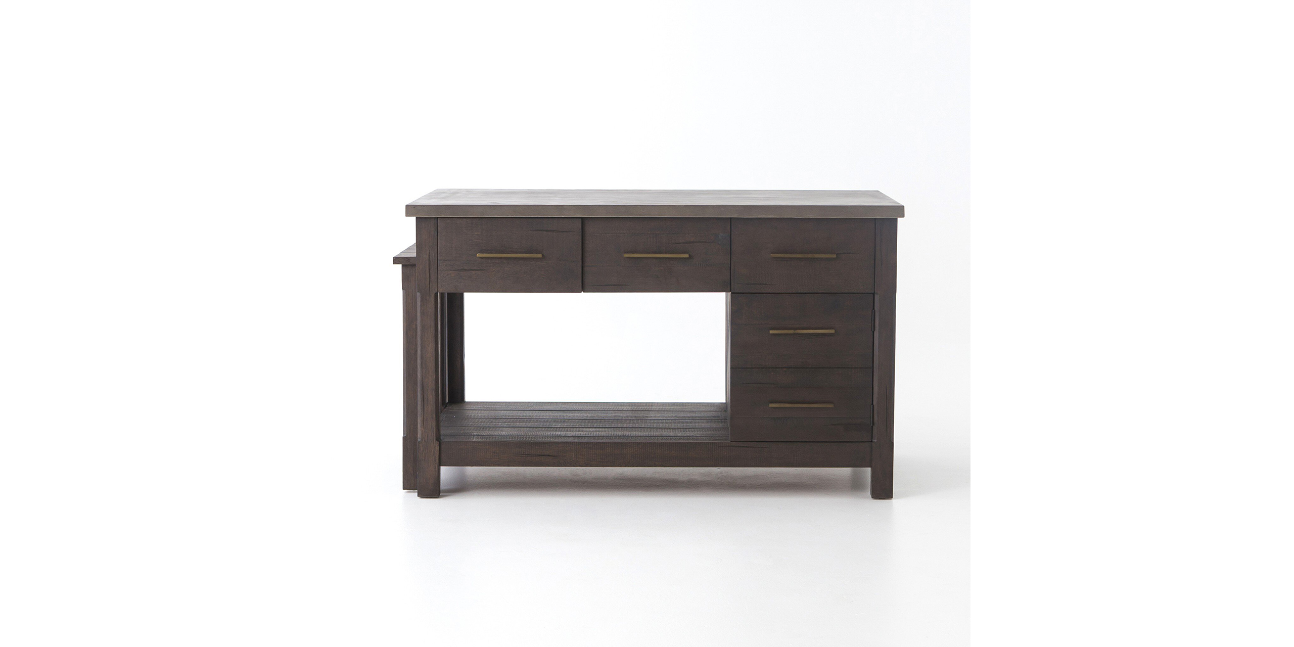Elegant modern rustic console table with dark wood finish and brass accents, offering storage and display.