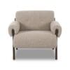 Minimalist beige armchair with rounded armrests and sturdy legs, perfect for modern living spaces.