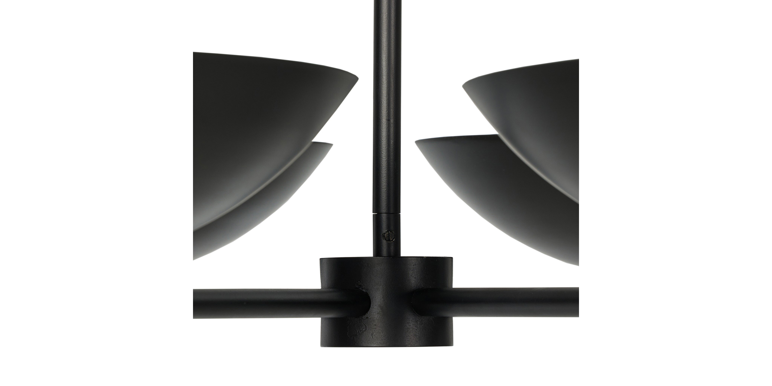 Sleek minimalist black chandelier with geometric design and warm light, ideal for modern interiors.