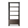 Minimalist dark wood bookshelf with open shelves and enclosed storage for stylish organization.
