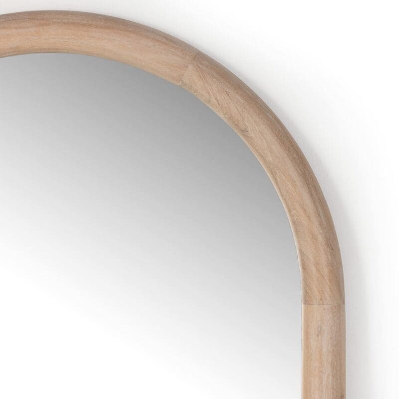 Elegant arch mirror with natural wood frame, perfect for modern decor and enhancing room ambiance.