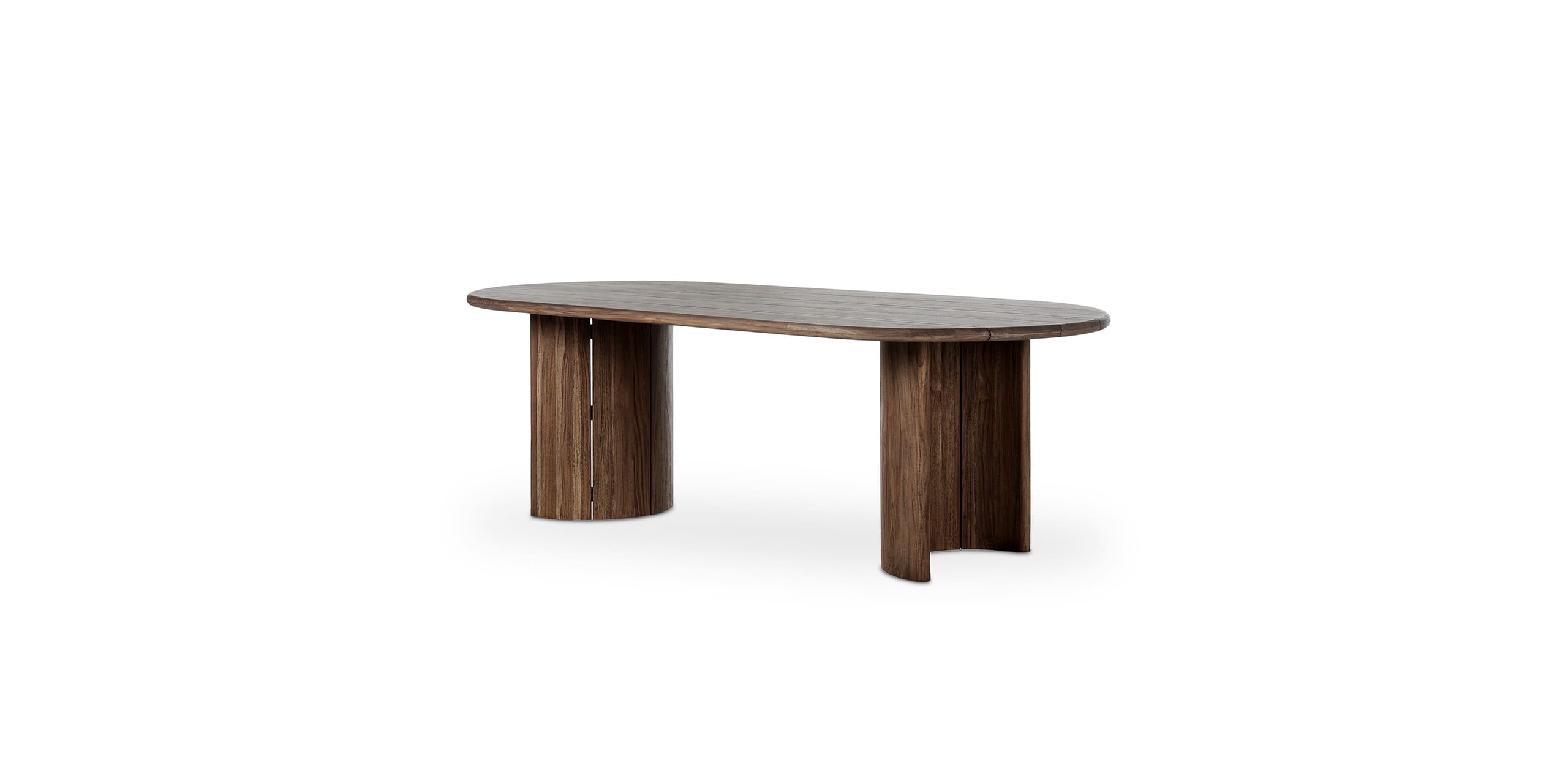 Sleek dark wood oval dining table with cylindrical pedestals, perfect for modern interiors.