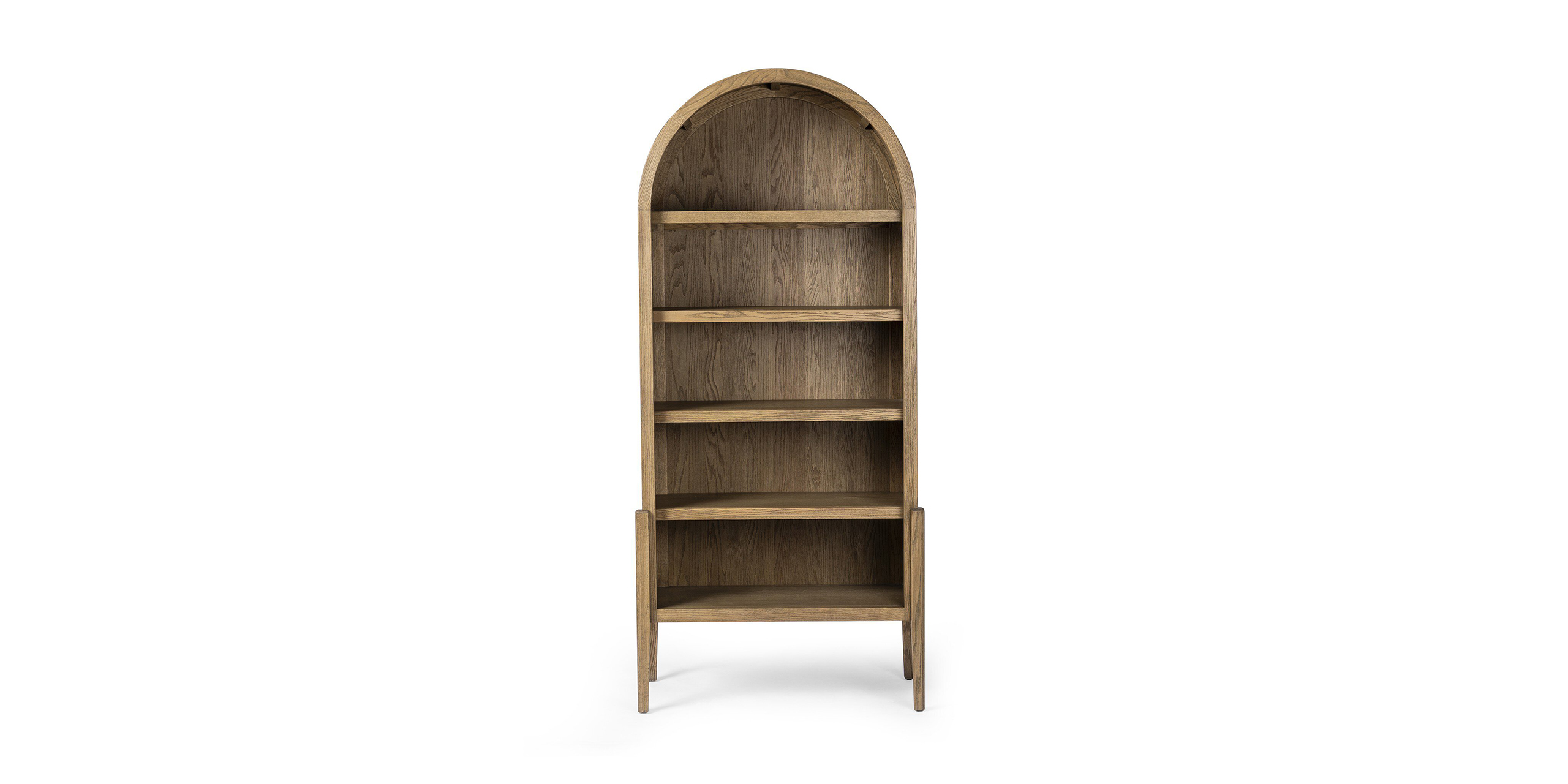 Stylish wooden bookshelf with cathedral arch, five spacious shelves for modern decor and organization.