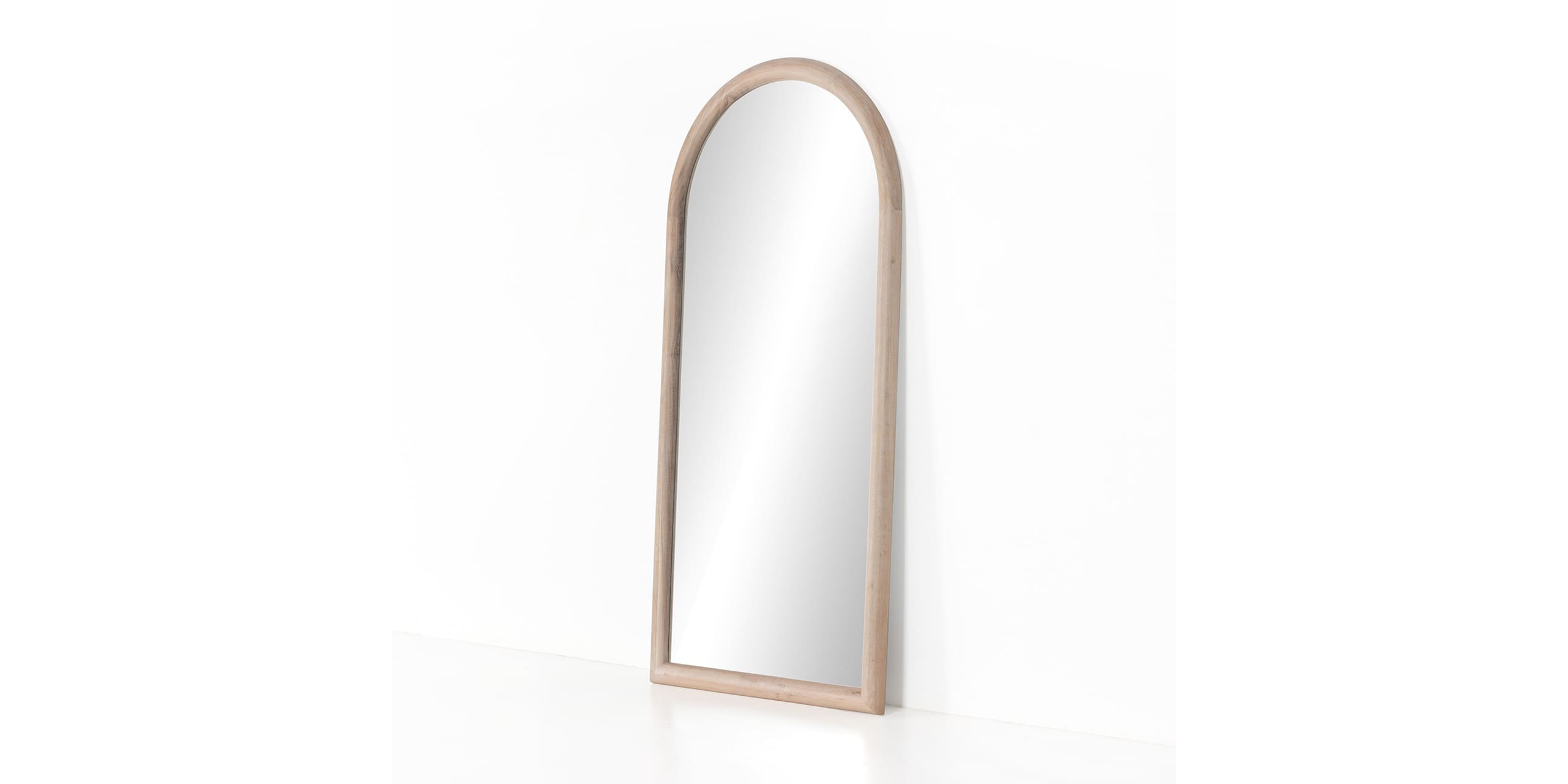 Stylish arched full-length mirror in natural wood frame, perfect for any rooms decor.