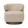 Cozy beige rounded armchair with plush seating and a stylish wooden base for modern interiors.