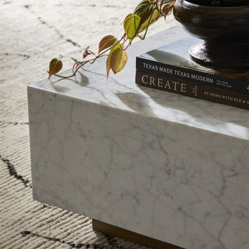Elegant marble coffee table with books and a plant, enhancing modern living room decor.