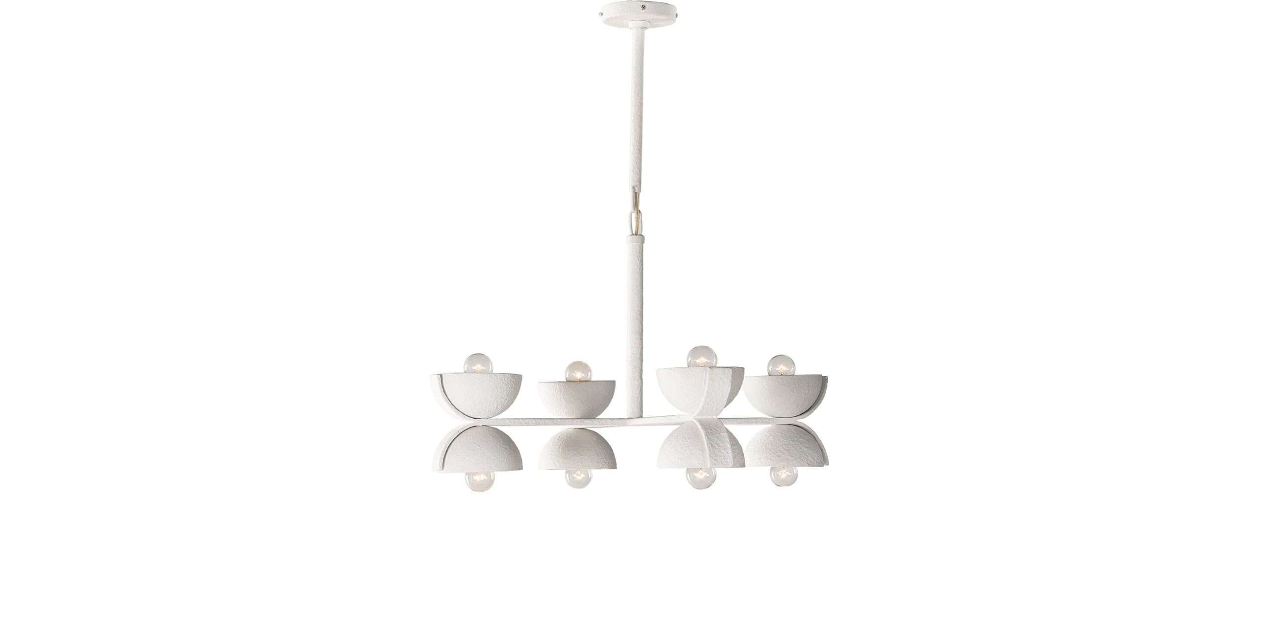 Sleek white minimalist chandelier with ambient lighting for contemporary interior spaces.