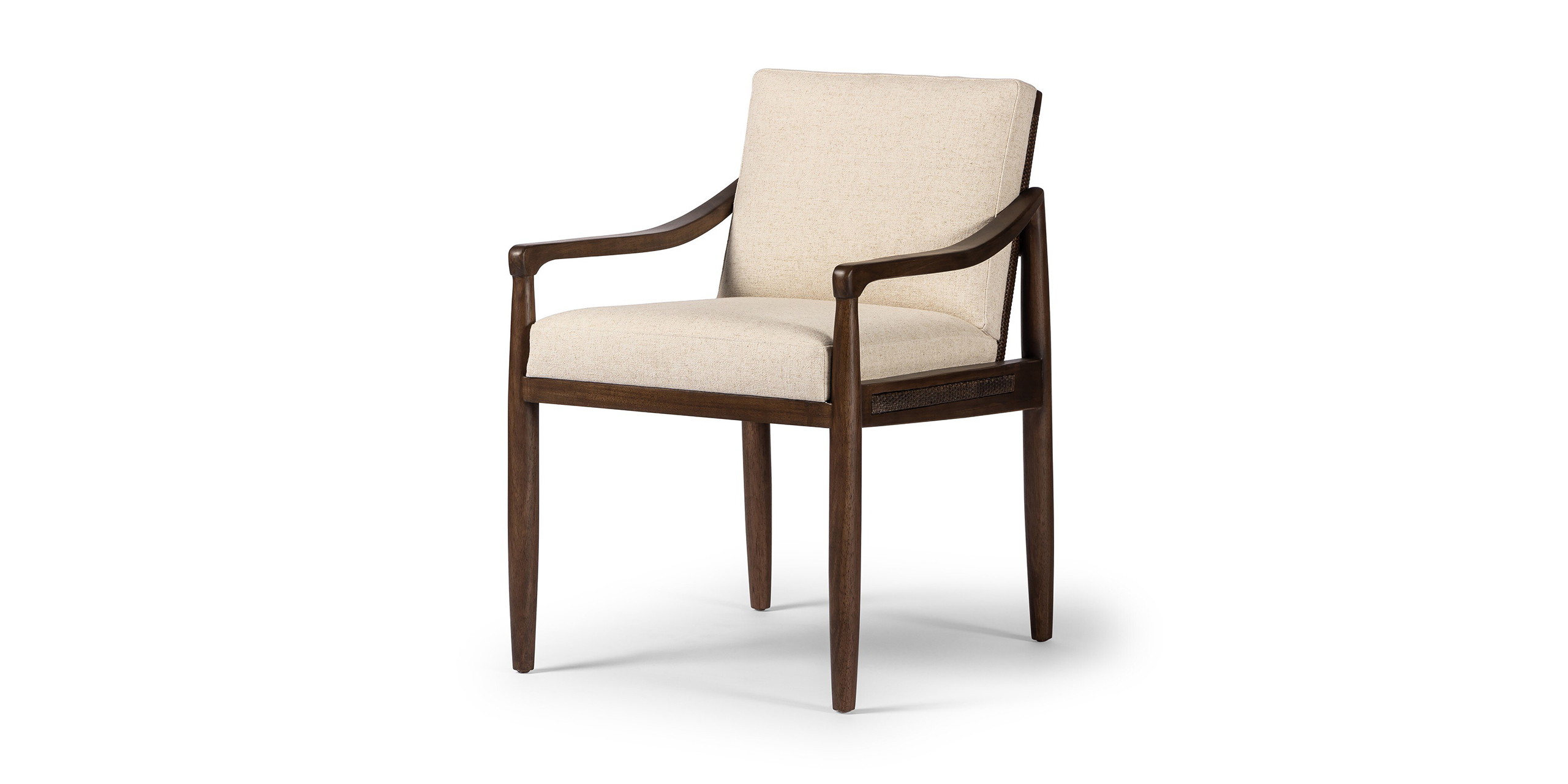 Elegant minimalist wooden armchair with beige upholstery, perfect for stylish, comfortable interiors.