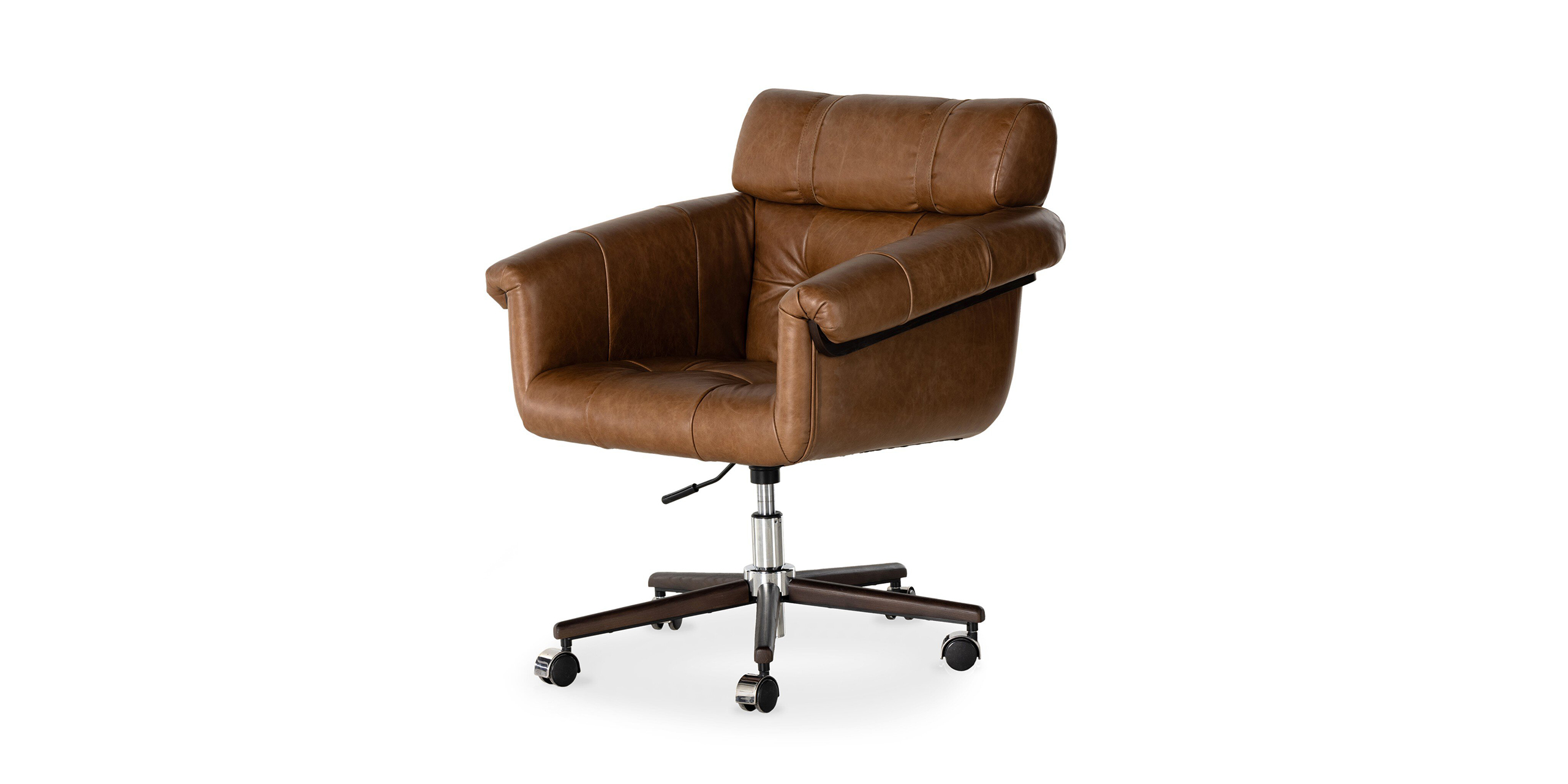 Elegant brown leather office chair with ergonomic design and smooth-rolling dark wood base.