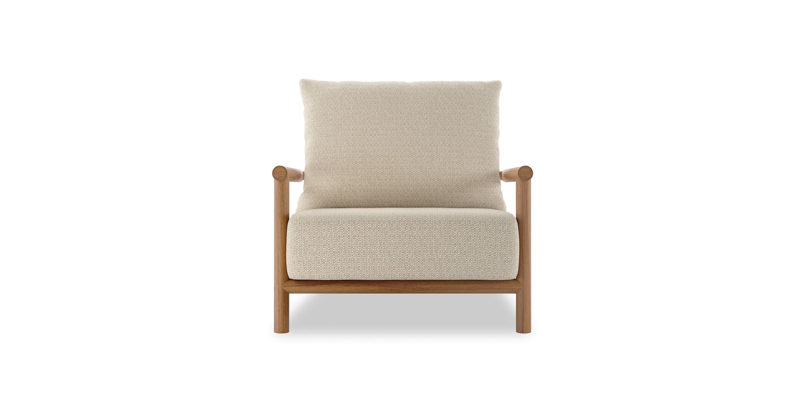 Stylish modern armchair with wooden frame and soft beige upholstery for contemporary or rustic decor.