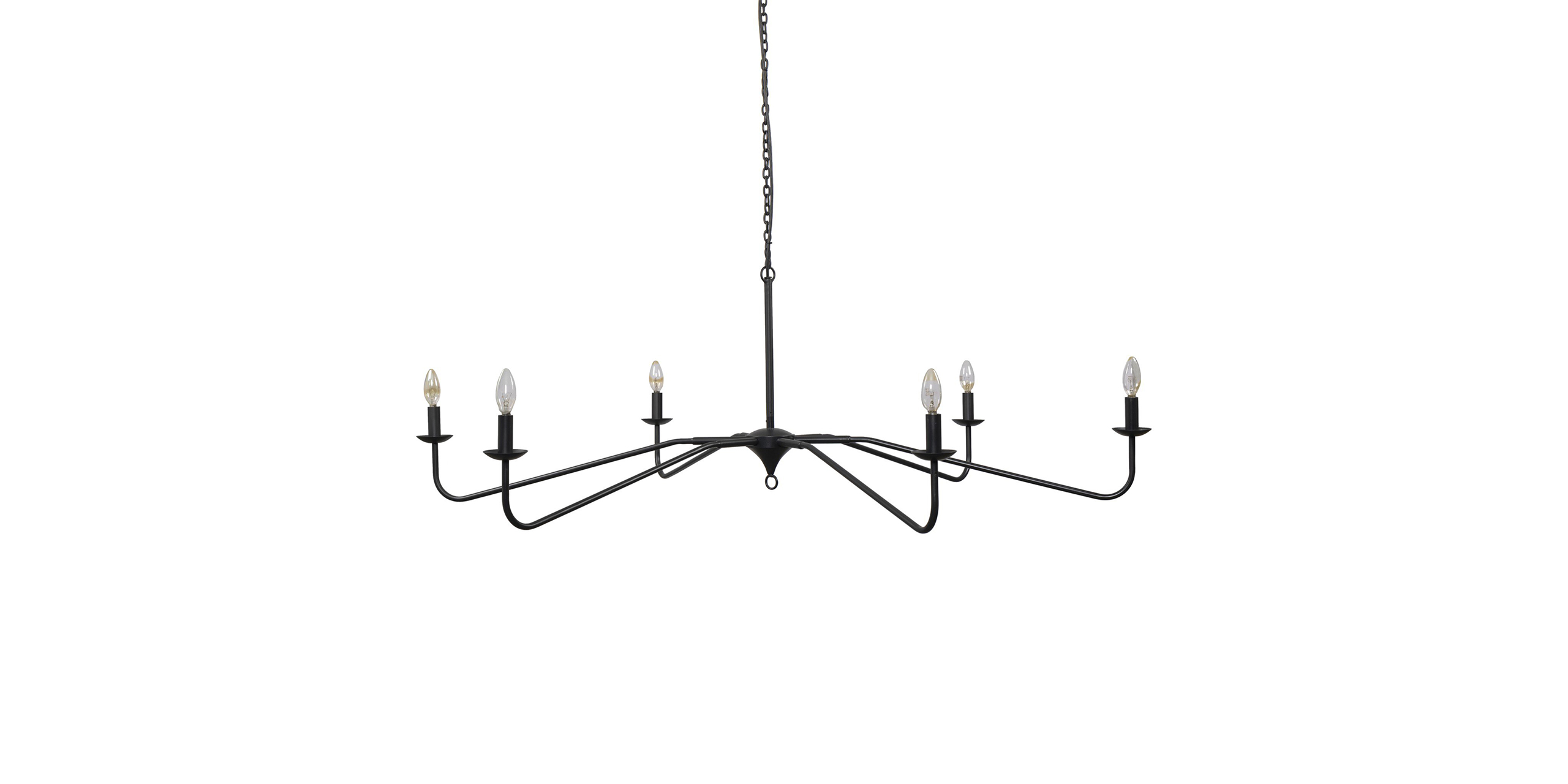 Modern black chandelier with six arms, perfect for stylish, minimalistic interior spaces.