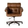 Elegant brown leather office chair with tufted design and polished chrome base for modern workspaces.
