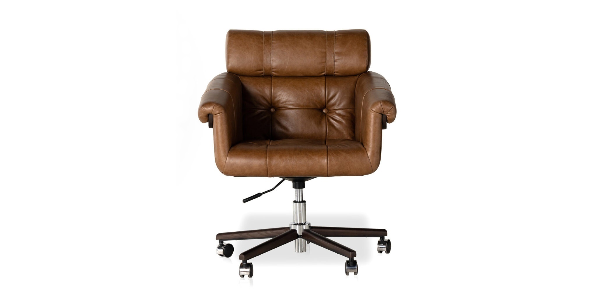Elegant brown leather office chair with tufted design and polished chrome base for modern workspaces.