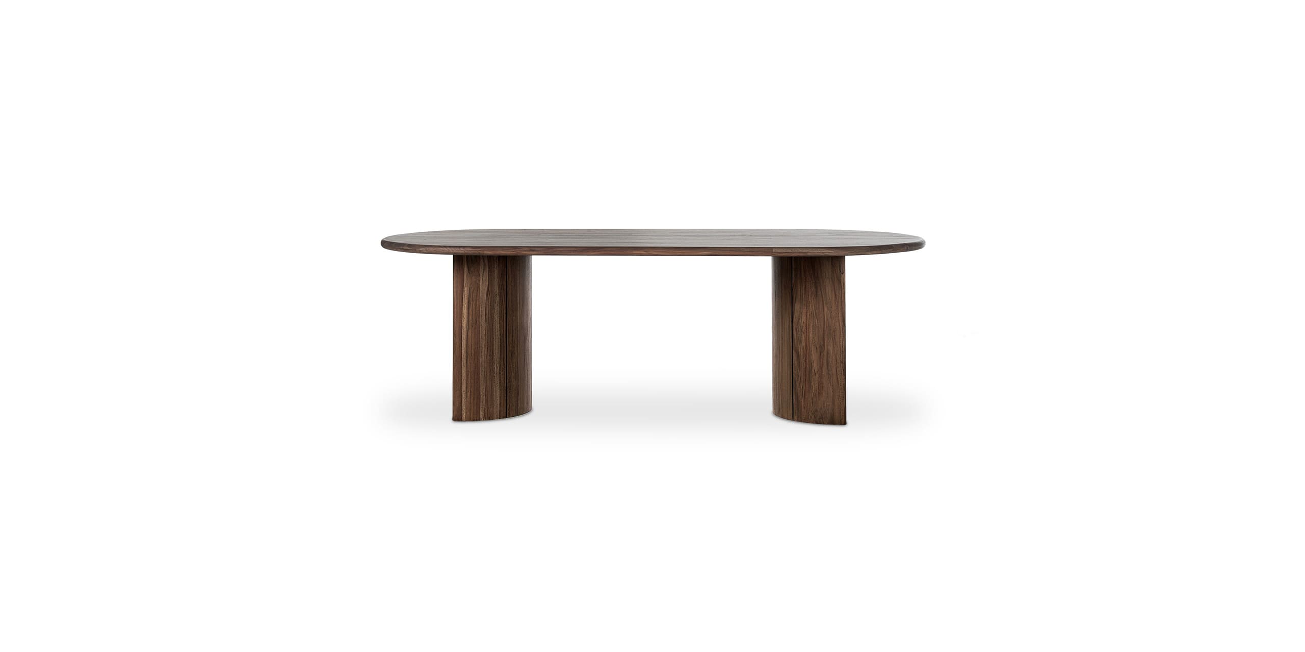 Sleek dark wood oval dining table with architectural support, perfect for modern dining spaces.