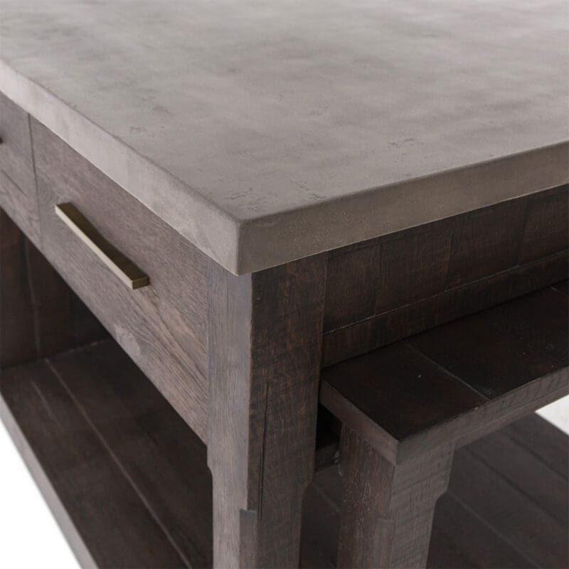 Modern rustic table with concrete top, dark wood base, and brushed brass accents for added elegance.