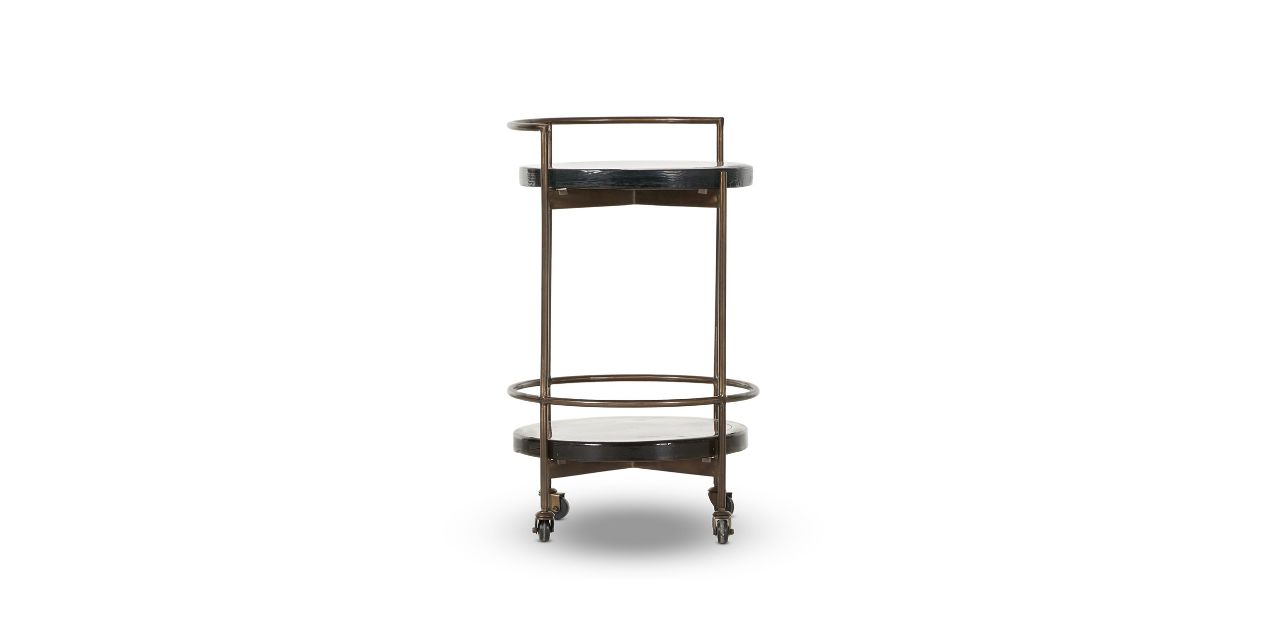 Stylish modern serving cart with round shelves and bronze frame, perfect for contemporary interiors.