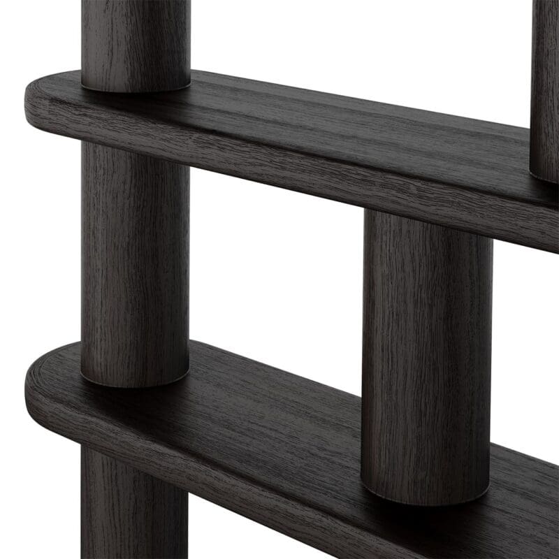 Sleek dark wood shelving unit with circular supports, perfect for contemporary storage and display.