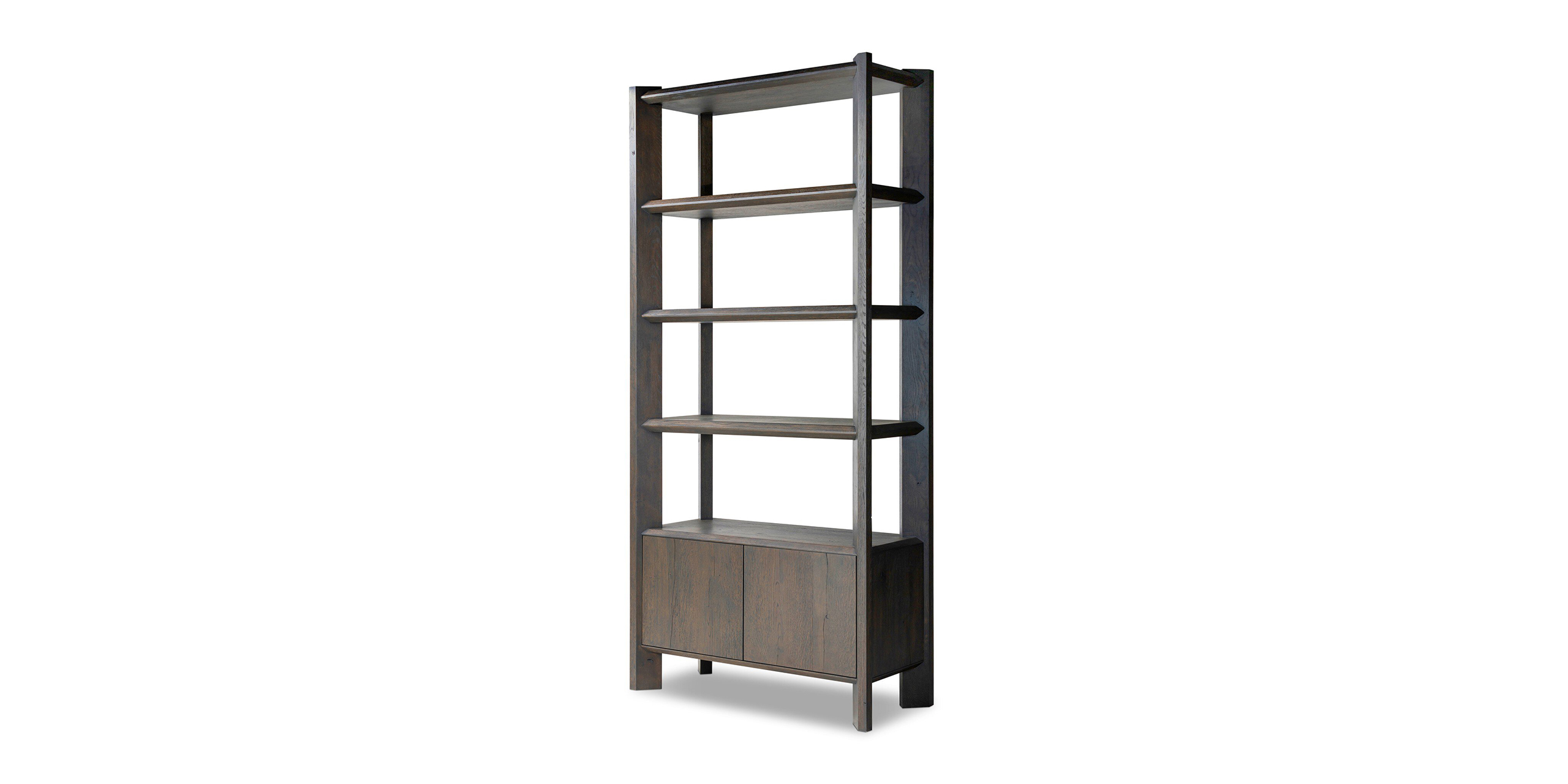 Stylish modern wood shelving unit with five open shelves and concealed storage for contemporary spaces.