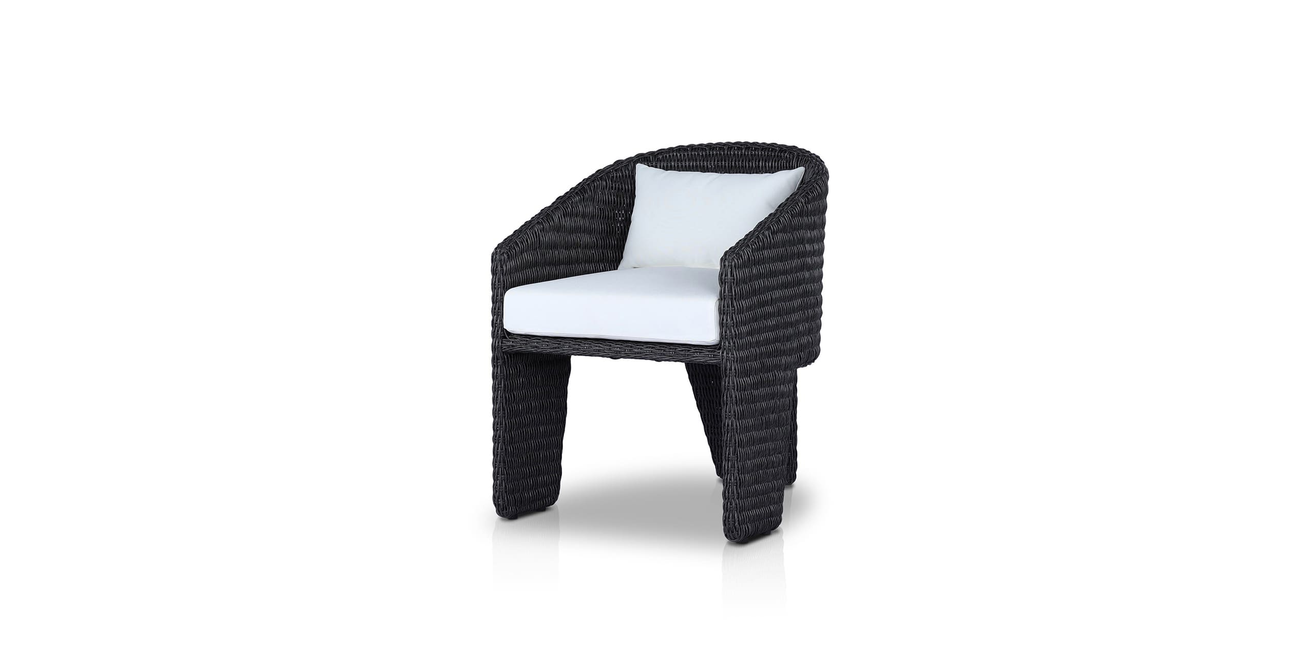 Sleek dark wicker outdoor chair with plush white cushion, ideal for modern outdoor spaces.