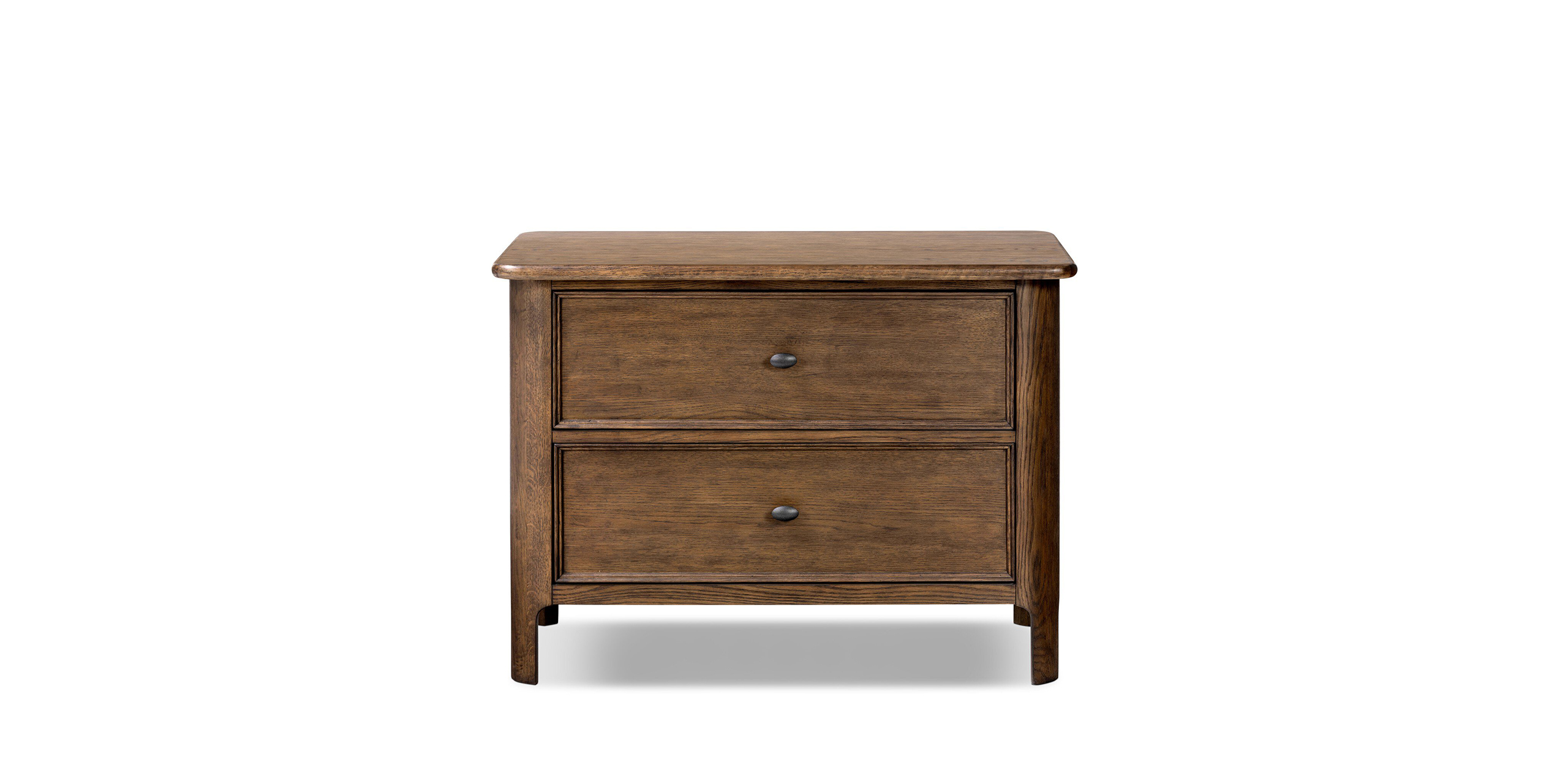 Timeless rustic wooden nightstand with spacious drawers and sturdy legs, perfect for any bedroom.