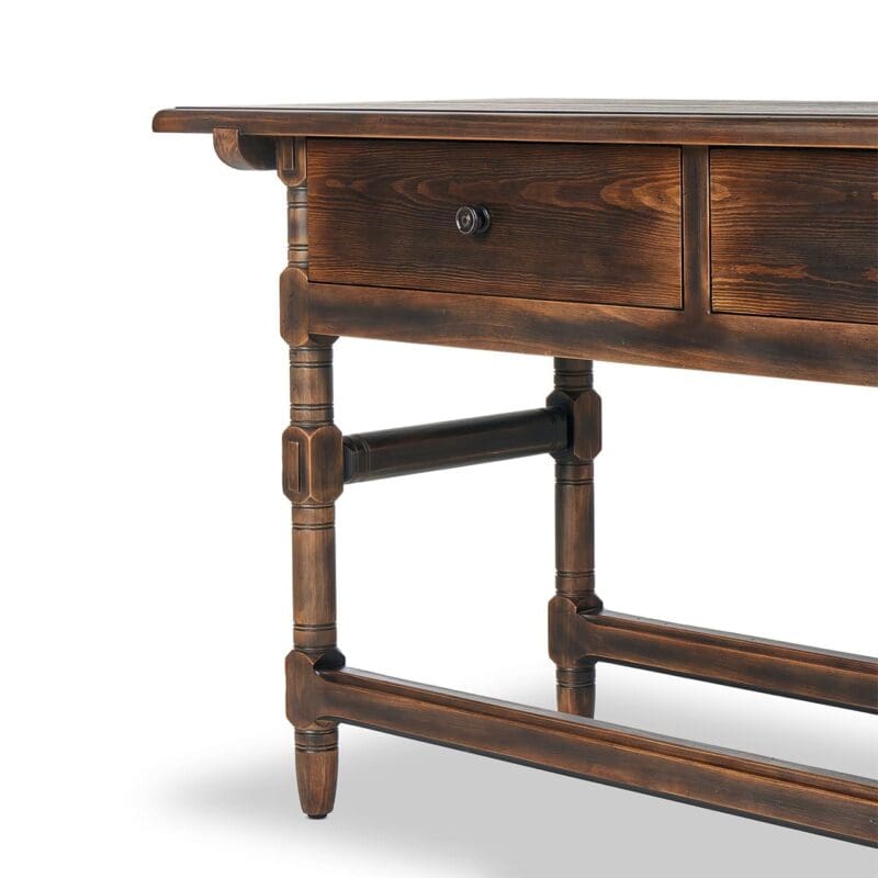 Charming rustic wooden table with drawers, elegant legs, and rich dark finish for dining or workspace.