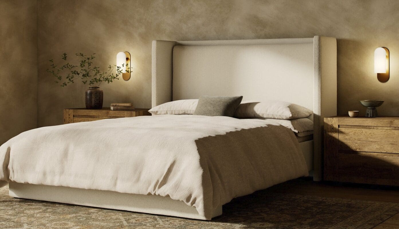 Elegant bedroom design with plush comforter, wooden nightstands, and soft ambient lighting for relaxation.