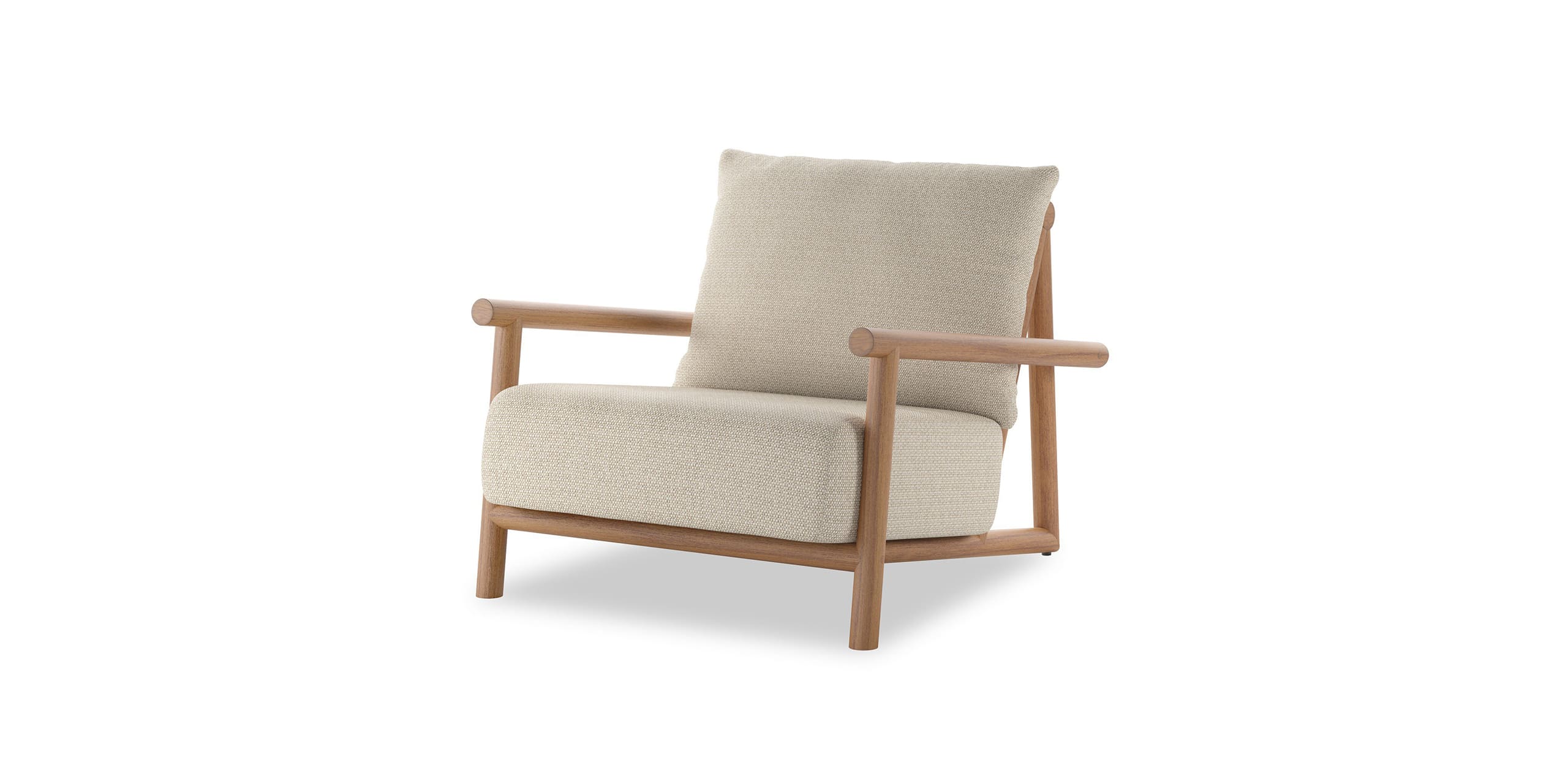 Stylish upholstered armchair with light wood frame, offering comfort and versatility for any decor.
