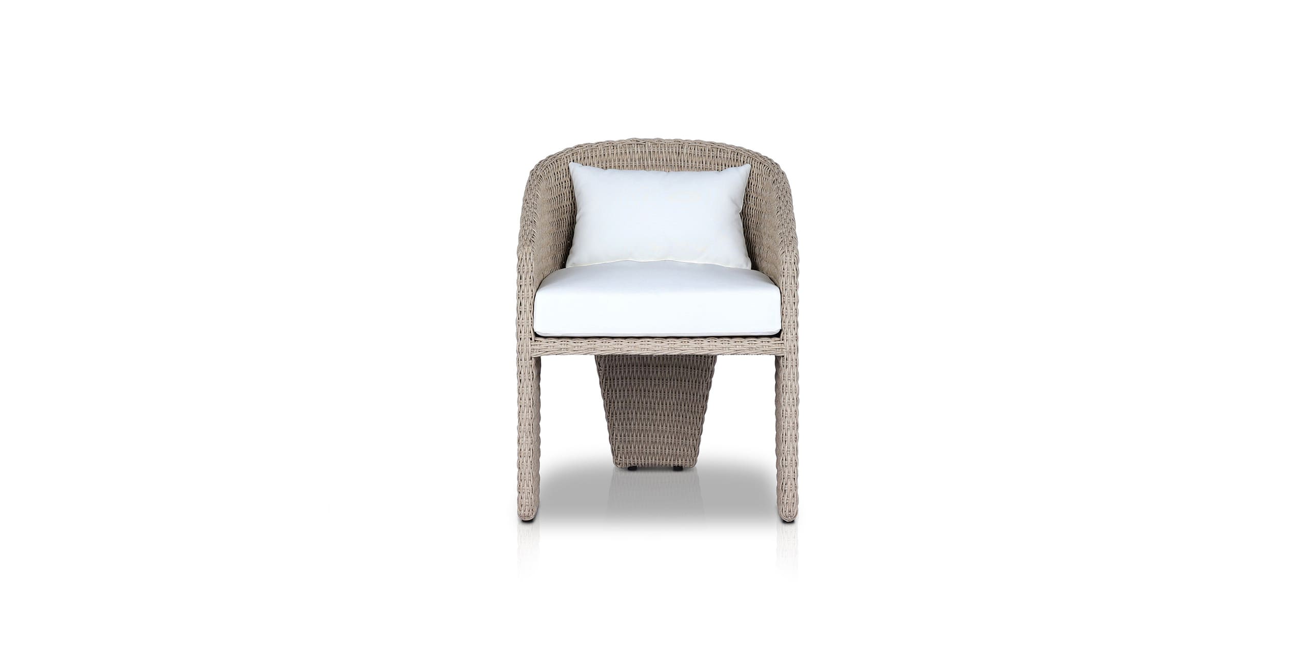 Contemporary woven armchair with beige frame and white cushion for stylish comfort indoors and outdoors.